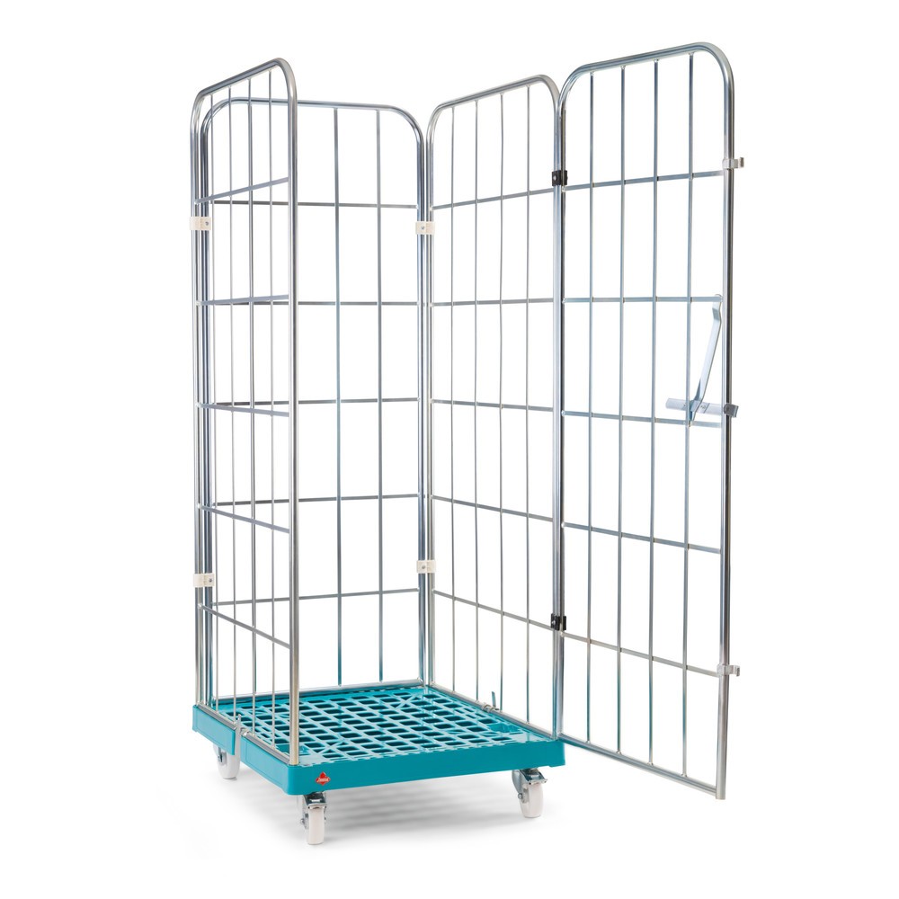 Ameise® Rollbehälter, 4-seitig, grobmaschig, galvanisch verzinkt, Kunststoff-Rollplatte, HxBxT 1.830 x 724 x 815 mm, mit einteiliger, schwenkbarer Vorderwand