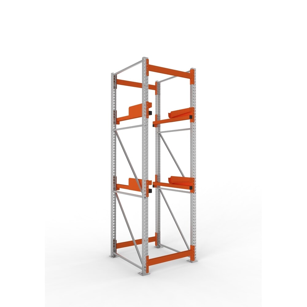 META MULTIPAL Kabeltrommelregal Typ 2, GF, HxBxT 3.300 x 900 x 1.100 mm, verzinkt, RAL 2001 rotorange, mit 2 Trommelaufnahmen, ohne Achsen, mit Kabeltrommelauflage