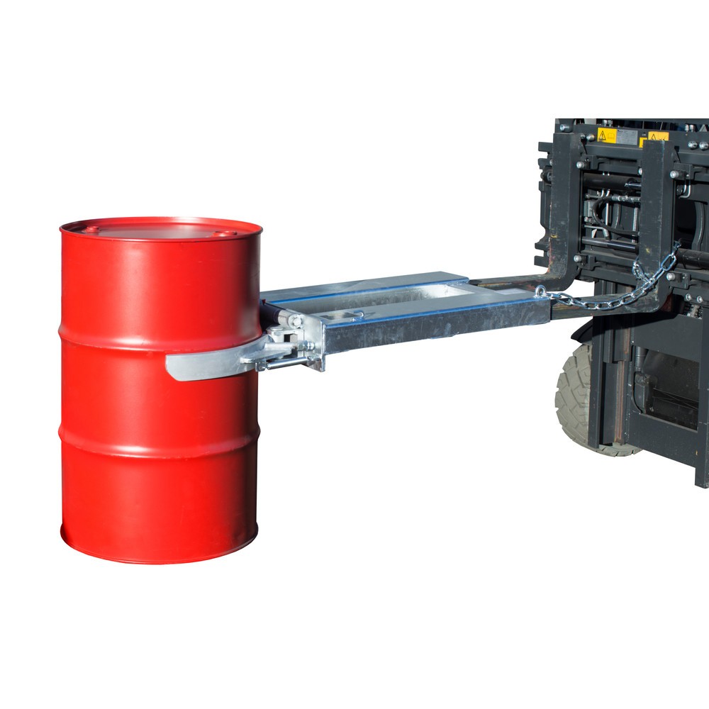 Bauer® Fassgreifer FK-I für Stahl-Spund-, Stahl-Deckel- und Rollreifenfässer, Stapleranbau, Tragkraft 500 kg, feuerverzinkt