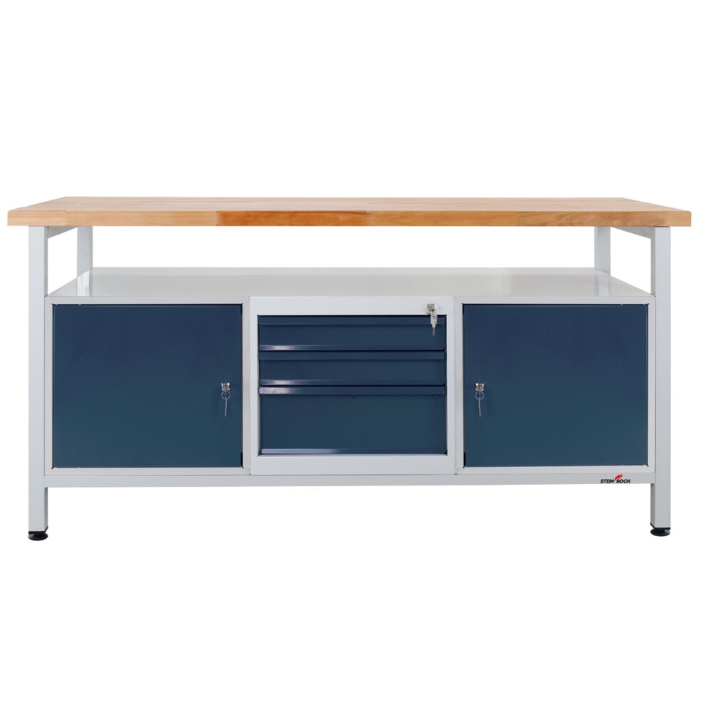 Steinbock® Werkbank Extra, 1 Ablage, 2 Türen, 3 Schubladen, TK 500 kg, HxBxT 840 x 1.700 x 600 mm, RAL 7035/7016