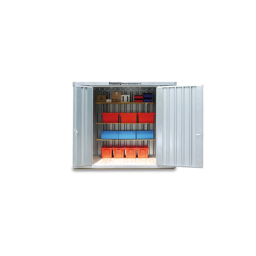 FLADAFI® Materialcontainer, verzinkt, montiert, XL 6 m², mit Holzfussboden, HxBxT 2.532 x 3.020 x 2.170 mm, Doppelflügeltür (asymmetrische Teilung), mittig in Stirnseite