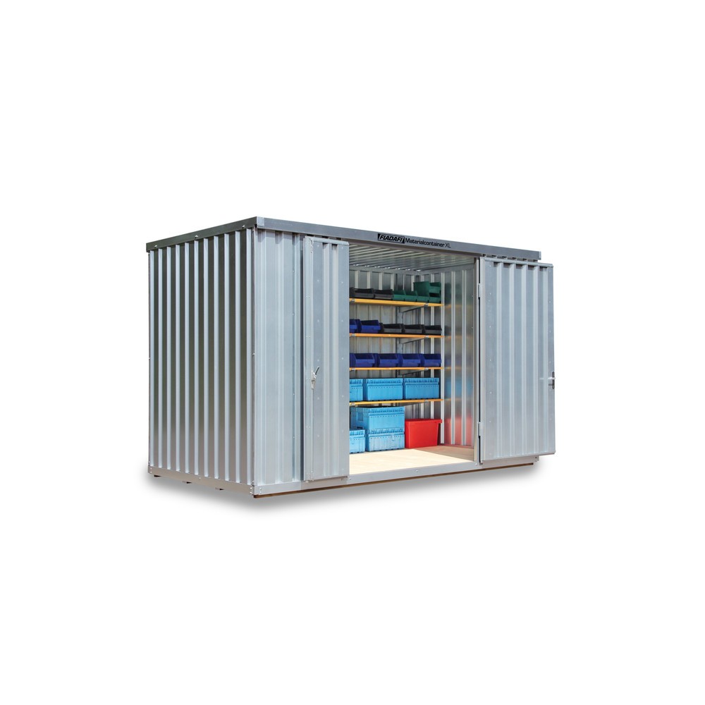 FLADAFI® Materialcontainer, verzinkt, montiert, XL 8 m², mit Holzfussboden, HxBxT 2.532 x 4.050 x 2.170 mm, Doppelflügeltür (asymmetrische Teilung), mittig in Breitseite