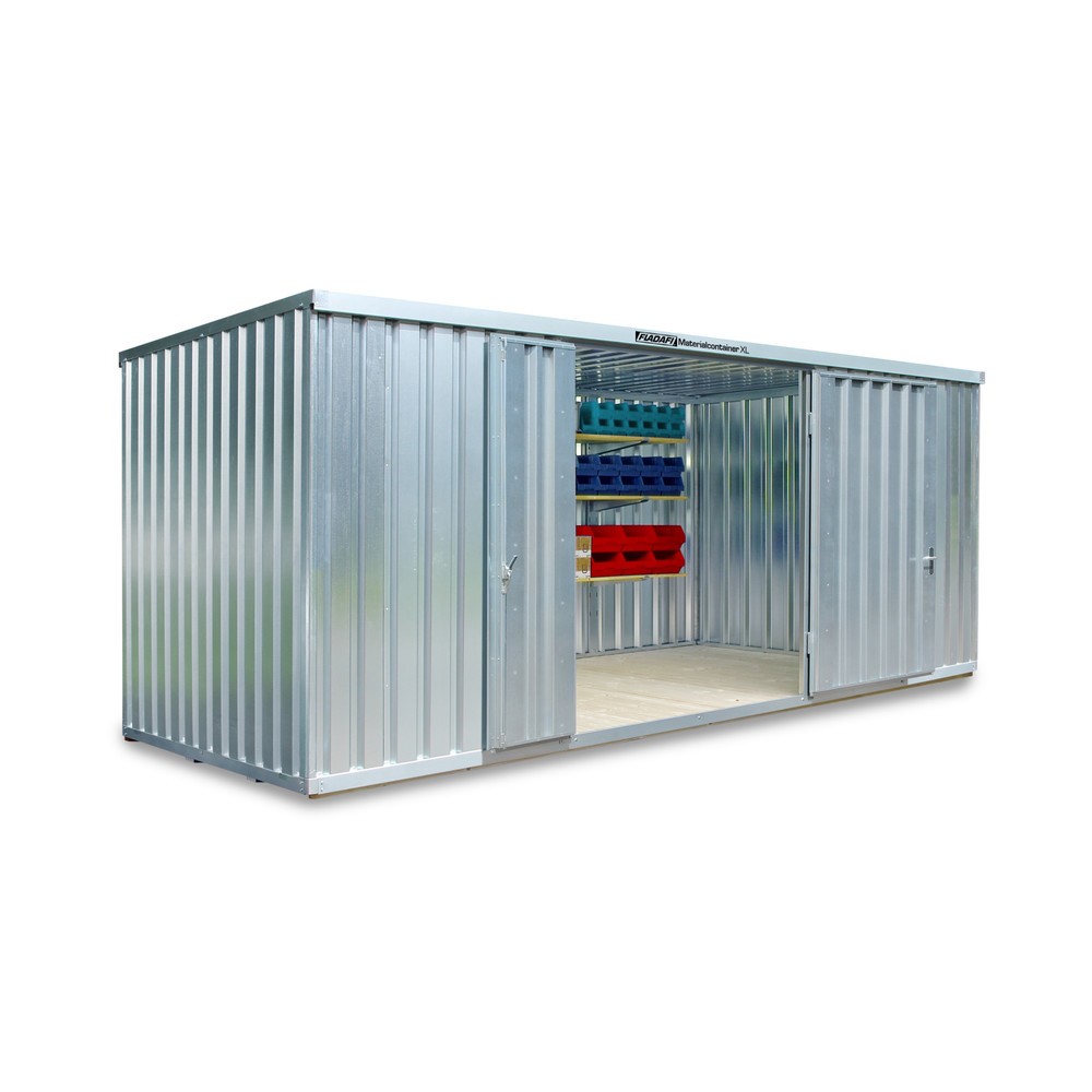 FLADAFI® Materialcontainer, verzinkt, montiert, XL 12 m², mit Holzfussboden, HxBxT 2.532 x 6.020 x 2.170 mm, Doppelflügeltür (asymmetrische Teilung), mittig in Stirnseite