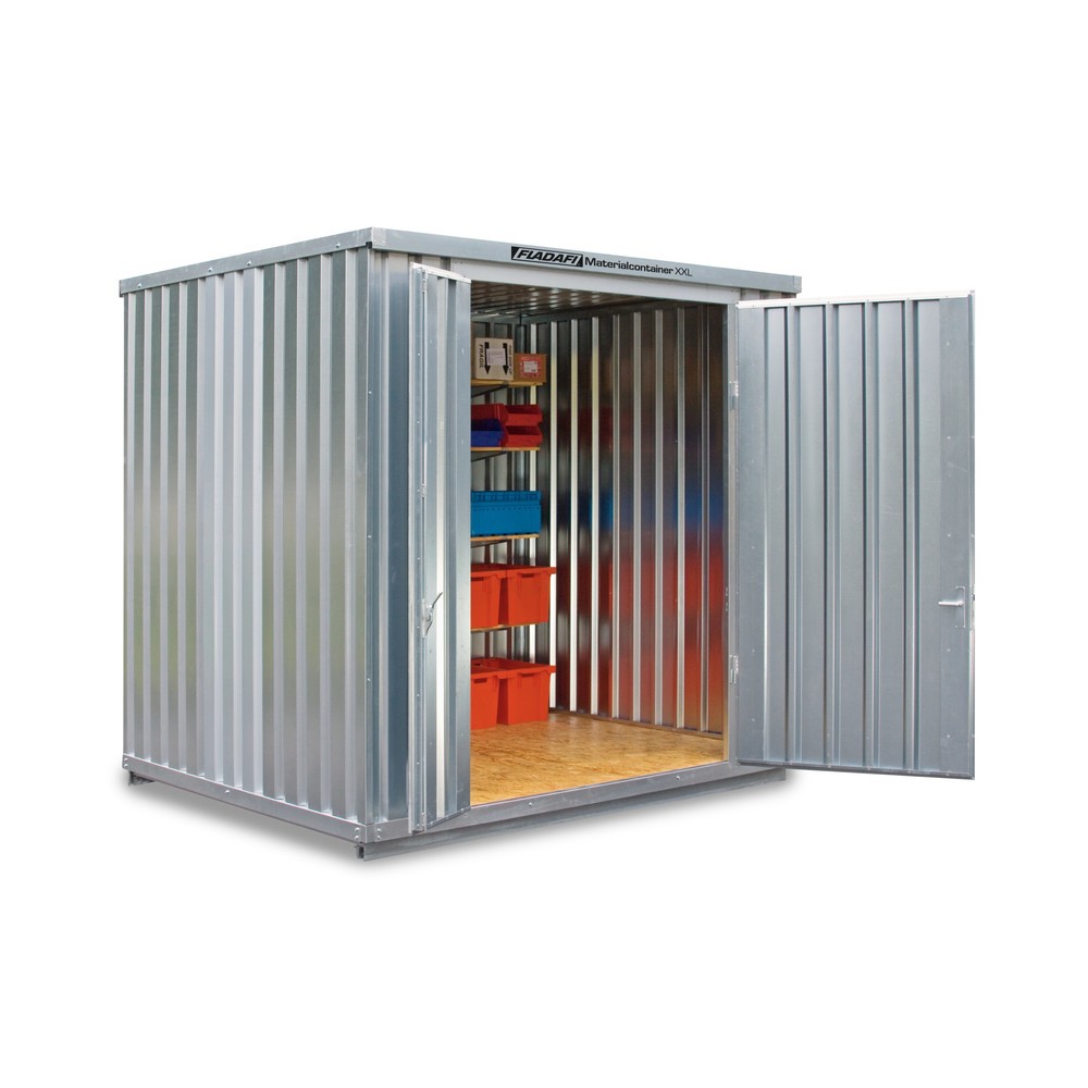 FLADAFI® Materialcontainer, verzinkt, montiert, XXL 7 m², HxBxT 2.595 x 3.020 x 2.540 mm, Doppelflügeltür (asymmetrische Teilung), mittig in Stirnseite