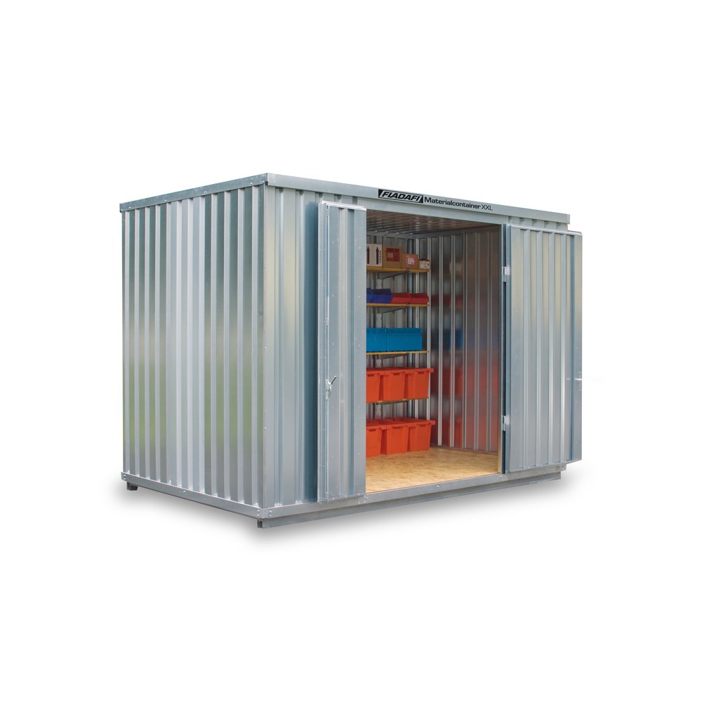 FLADAFI® Materialcontainer, verzinkt, montiert, XXL 9 m², HxBxT 2.595 x 4.050 x 2.540 mm, Doppelflügeltür (asymmetrische Teilung), mittig in Stirnseite