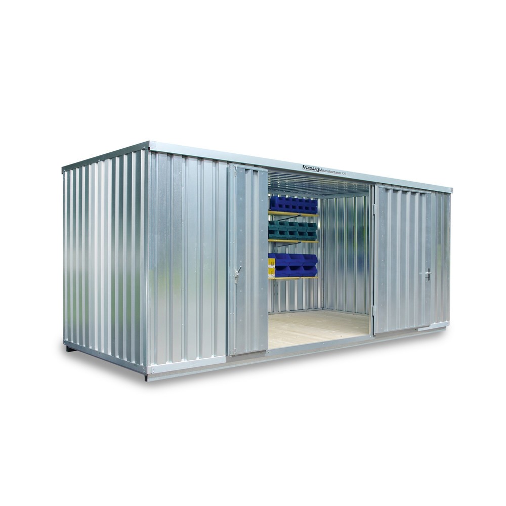 FLADAFI® Materialcontainer, verzinkt, montiert, XXL 14 m², HxBxT 2.595 x 6.020 x 2.540 mm, Doppelflügeltür (asymmetrische Teilung), mittig in Stirnseite