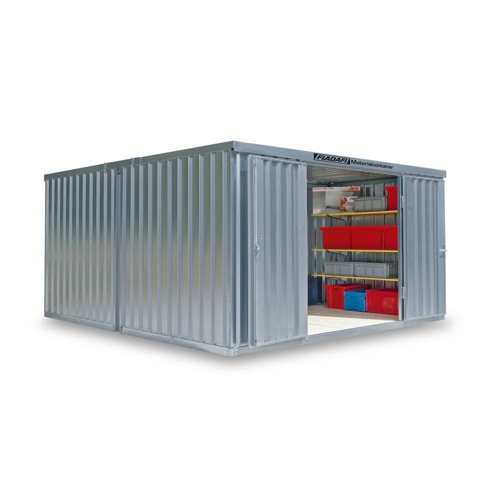 FLADAFI® Materialcontainer-Kombination, zerlegt, 18 m², ohne Boden, HxBxT 2.115 x 3.050 x 6.520 mm, Doppelflügeltür (asymmetrische Teilung), mittig in Stirnseite, Zusatztür
