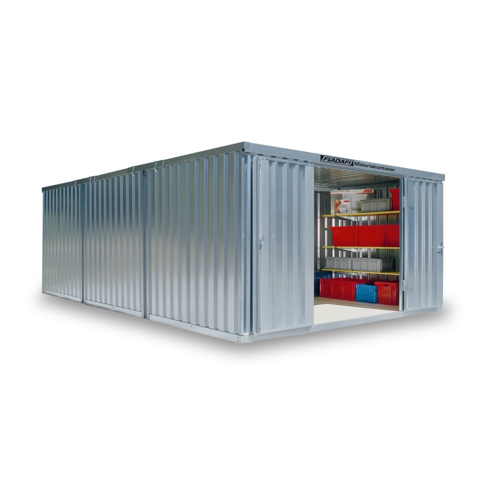 FLADAFI® Materialcontainer-Kombination, zerlegt, 25 m², ohne Boden, HxBxT 2.115 x 4.050 x 6.520 mm, Einzelflügeltür, mittig im Modul