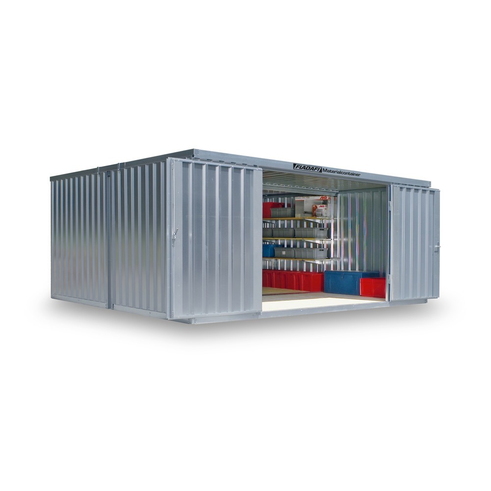 FLADAFI® Materialcontainer-Kombination, zerlegt, 21 m², ohne Boden, HxBxT 2.115 x 5.080 x 4.340 mm, Doppelflügeltür (asymmetrische Teilung), mittig in Breitseite