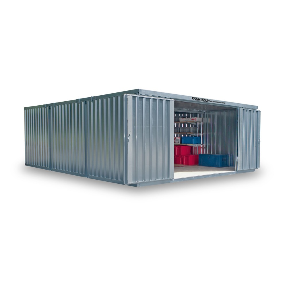 FLADAFI® Materialcontainer-Kombination, zerlegt, 32 m², ohne Boden, HxBxT 2.115 x 5.080 x 6.520 mm, Doppelflügeltür (asymmetrische Teilung), mittig im Modul
