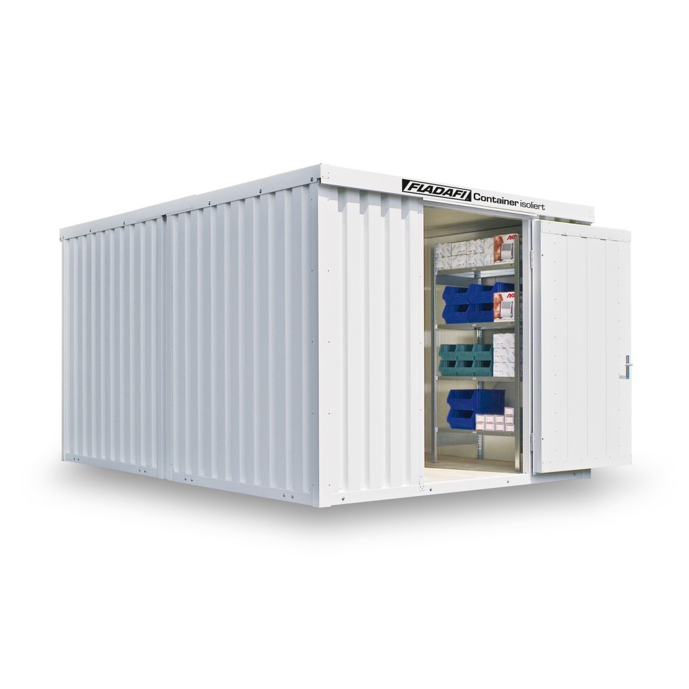 FLADAFI® Materialcontainer-Kombination, isoliert, 12 m², mit Holzfussboden, HxBxT 2.405 x 3.050 x 4.340 mm, Einzelflügeltür, mittig in Stirnseite