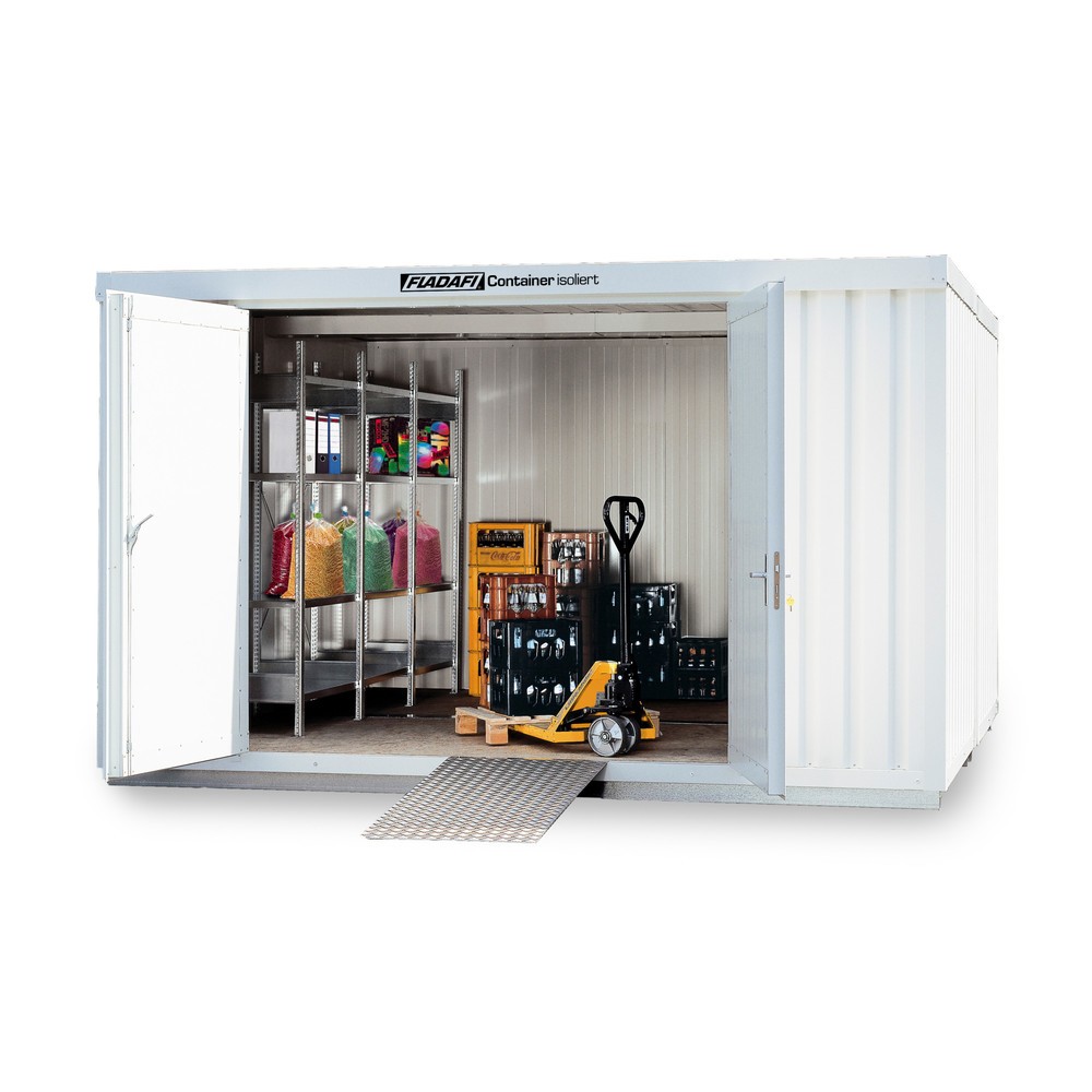FLADAFI® Materialcontainer-Kombination, isoliert, 12 m², mit isoliertem Boden, HxBxT 2.500 x 3.050 x 4.340 mm, Doppelflügeltür (asymmetrische Teilung), mittig in Stirnseite