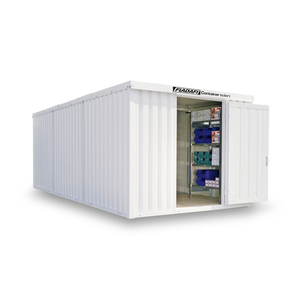 FLADAFI® Materialcontainer-Kombination, isoliert, 18 m², mit Holzfussboden, HxBxT 2.405 x 3.050 x 6.520 mm, Einzelflügeltür, mittig in Stirnseite