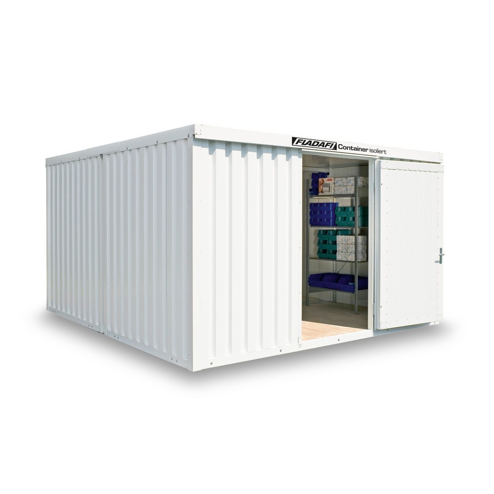 FLADAFI® Materialcontainer-Kombination, isoliert, 18 m², mit Holzfussboden, HxBxT 2.405 x 3.050 x 6.520 mm, Doppelflügeltür (asymmetrische Teilung), mittig in Stirnseite, Zusatztür