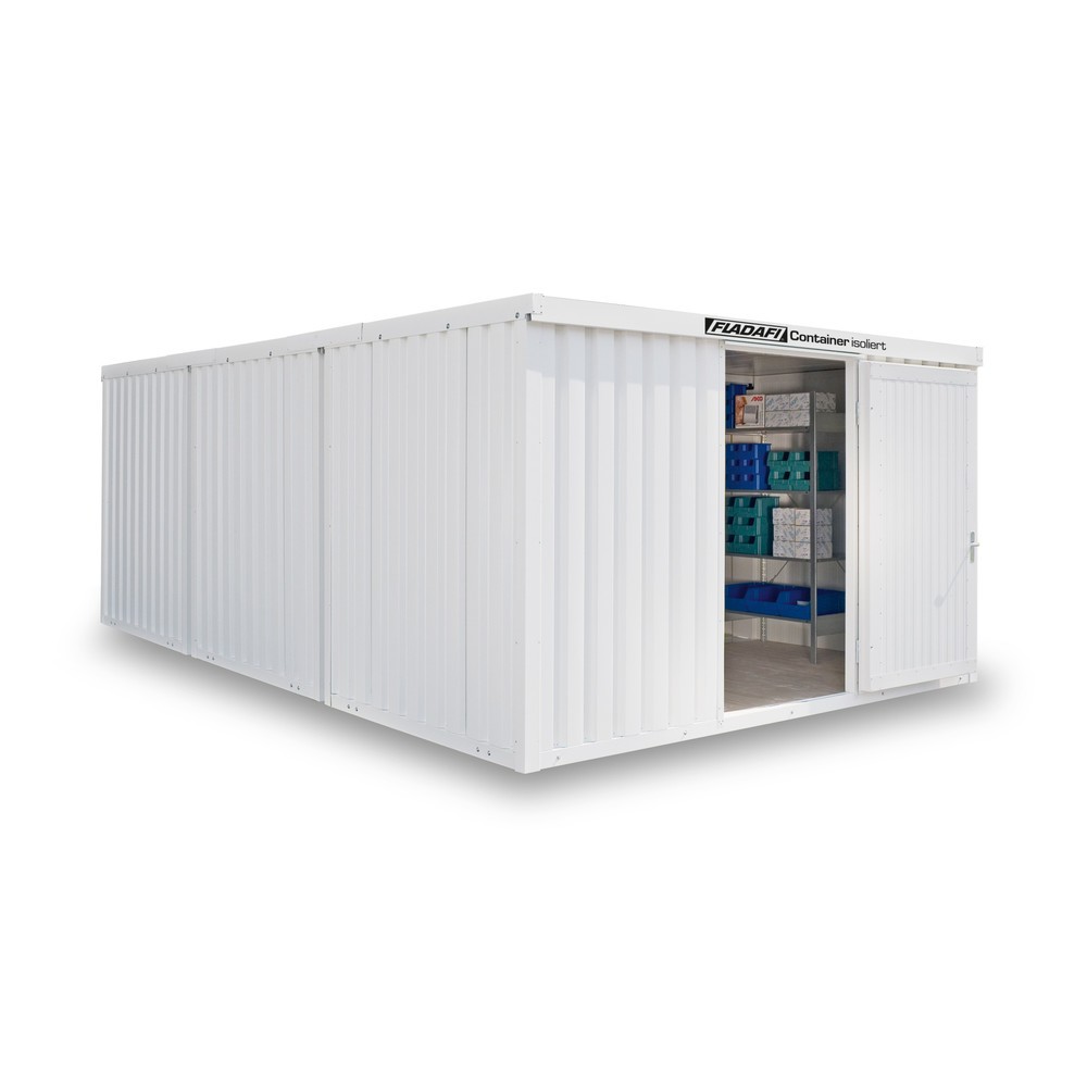 FLADAFI® Materialcontainer-Kombination, isoliert, 25 m², mit Holzfussboden, HxBxT 2.405 x 4.050 x 6.520 mm, Doppelflügeltür (asymmetrische Teilung), mittig im Modul