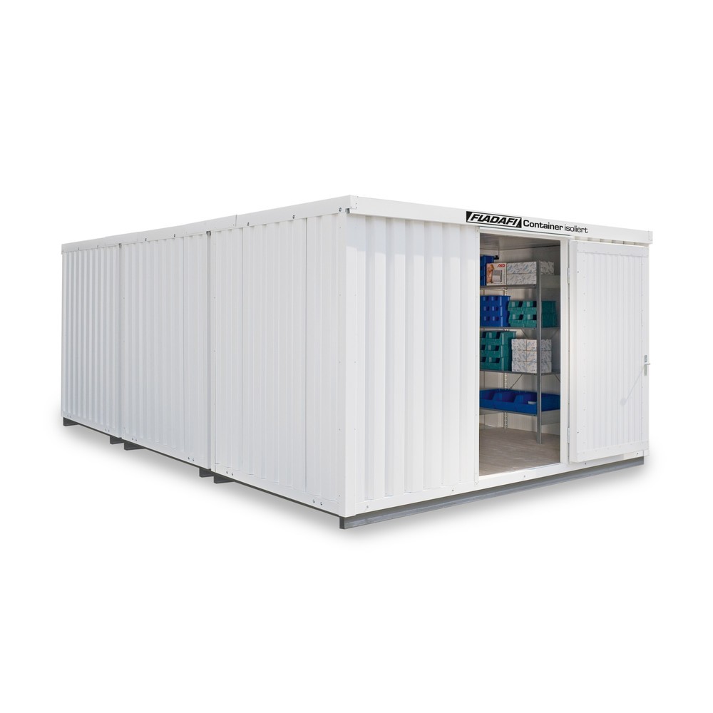 FLADAFI® Materialcontainer-Kombination, isoliert, 25 m², mit isoliertem Boden, HxBxT 2.500 x 4.050 x 6.520 mm, Doppelflügeltür, mittig in Stirnseite
