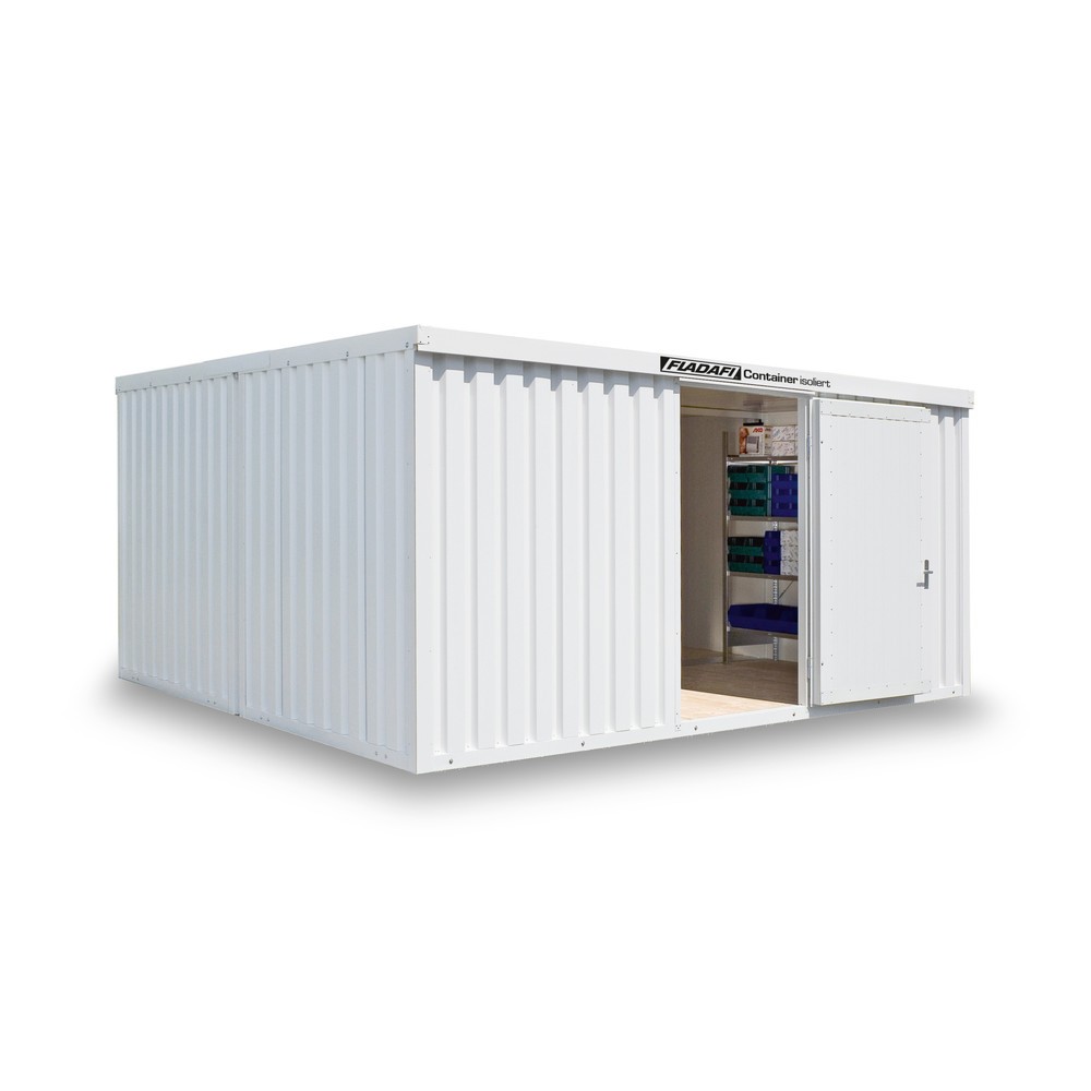 FLADAFI® Materialcontainer-Kombination, isoliert, 20 m², mit Holzfussboden, HxBxT 2.405 x 5.080 x 4.340 mm, Doppelflügeltür, mittig in Breitseite
