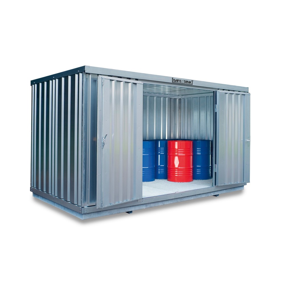SAFE Tank Gefahrstoffcontainer 1350 WGK, verzinkt, montiert, Innen- und Aussenaufstellung, Masse aussen 4050x2170x2300 mm, Einzelflügeltür, mittig in 2 m Seite, Lagerfläche 8 m²
