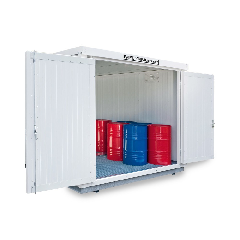 SAFE Tank Gefahrstoffcontainer 1000 KTC WGK, isoliert, montiert, kunststoffbeschichtet RAL9002, Masse aussen 3050x2170x2560 mm, Doppelflügeltür, mittig in Breitseite, Lagerfläche 5 m²