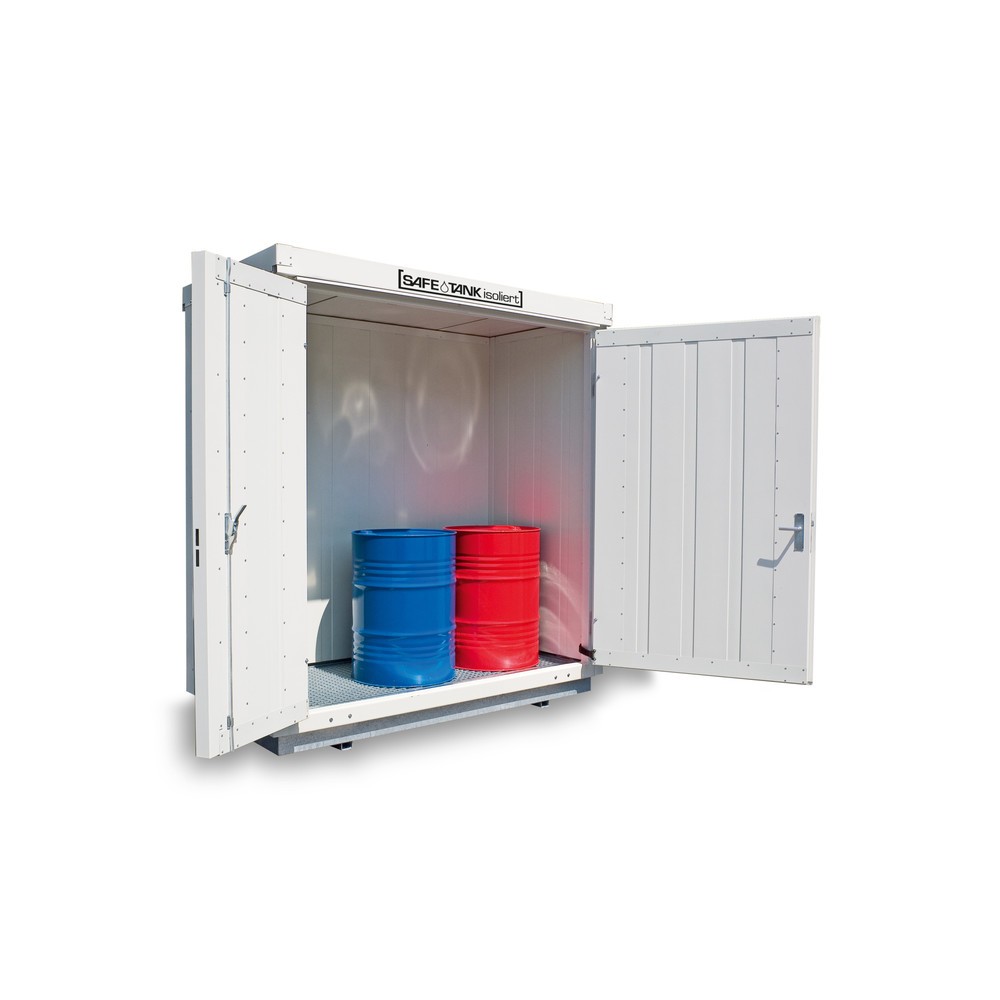SAFE Tank Gefahrstoffcontainer 300 WGK, isoliert, montiert, kunststoffbeschichtet RAL 9002, Masse aussen 2100x1140x2520 mm, Doppelflügeltür (asymmetrische Teilung), mittig in Breitseite, Lagerfläche 2 m²