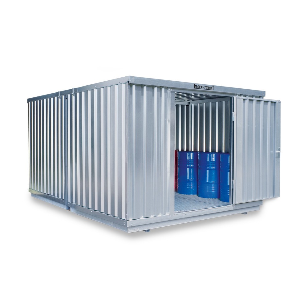 SAFE Tank Gefahrstoffcontainer Kombination 2500 WGK 1-3, verzinkt, vormontiert, Masse aussen 4050x4340x2300 mm, Einzelflügeltür, mittig in der kurzen Seite, Lagerfläche 16 m²