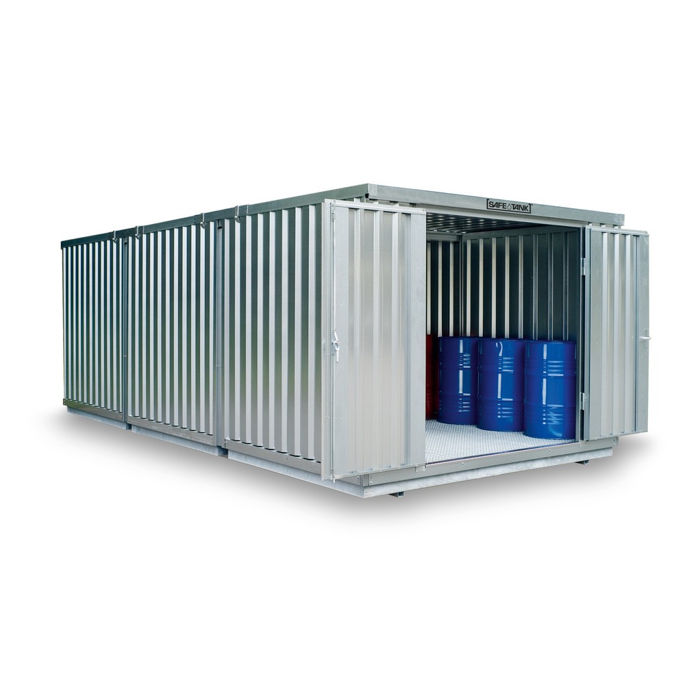 SAFE Tank Gefahrstoffcontainer Kombination 3000 WGK 1-3, verzinkt, vormontiert, Masse aussen 3050x6520x2310 mm, Doppelflügeltür (asymmetrische Teilung), mittig in der kurzen Seite, Zusatztür, Lagerfläche 19 m²