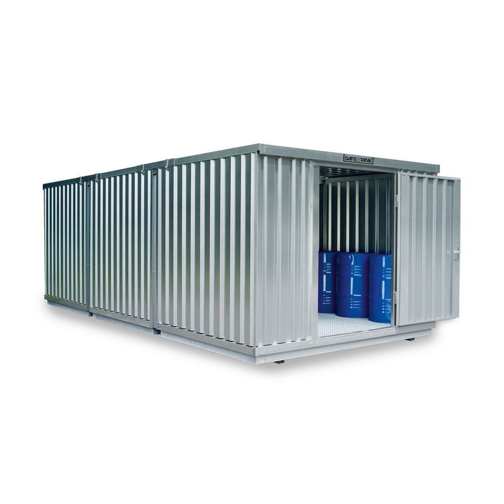 SAFE Tank Gefahrstoffcontainer Kombination 3500 WGK 1-3, verzinkt, vormontiert, Masse aussen 4050x6520x2300 mm, Einzelflügeltür, mittig in der kurzen Seite, Lagerfläche 25 m²