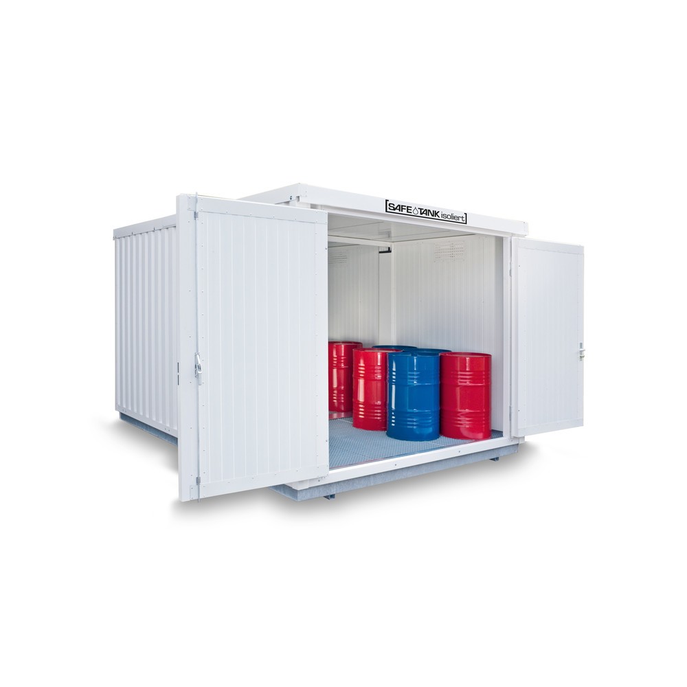 SAFE Tank Gefahrstoffcontainer Kombination 2500 WGK 1-3, isoliert, vormontiert, kunststoffbeschichtet RAL 9002, Masse aussen 4050x4340x2510 mm, Doppelflügeltür (asymmetrische Teilung), mittig in Stirnseite, Zusatztür, Lagerfläche 16 m²