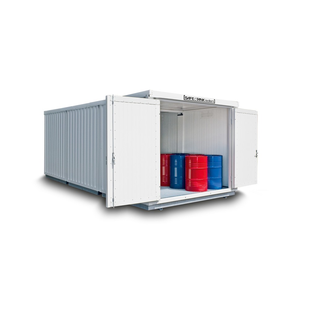SAFE Tank Gefahrstoffcontainer Kombination 3000 WGK 1-3, isoliert, vormontiert, kunststoffbeschichtet RAL 9002, Masse aussen 3050x6520x2560 mm, Doppelflügeltür (asymmetrische Teilung), mittig in Stirnseite, Zusatztür, Lagerfläche 19 m²