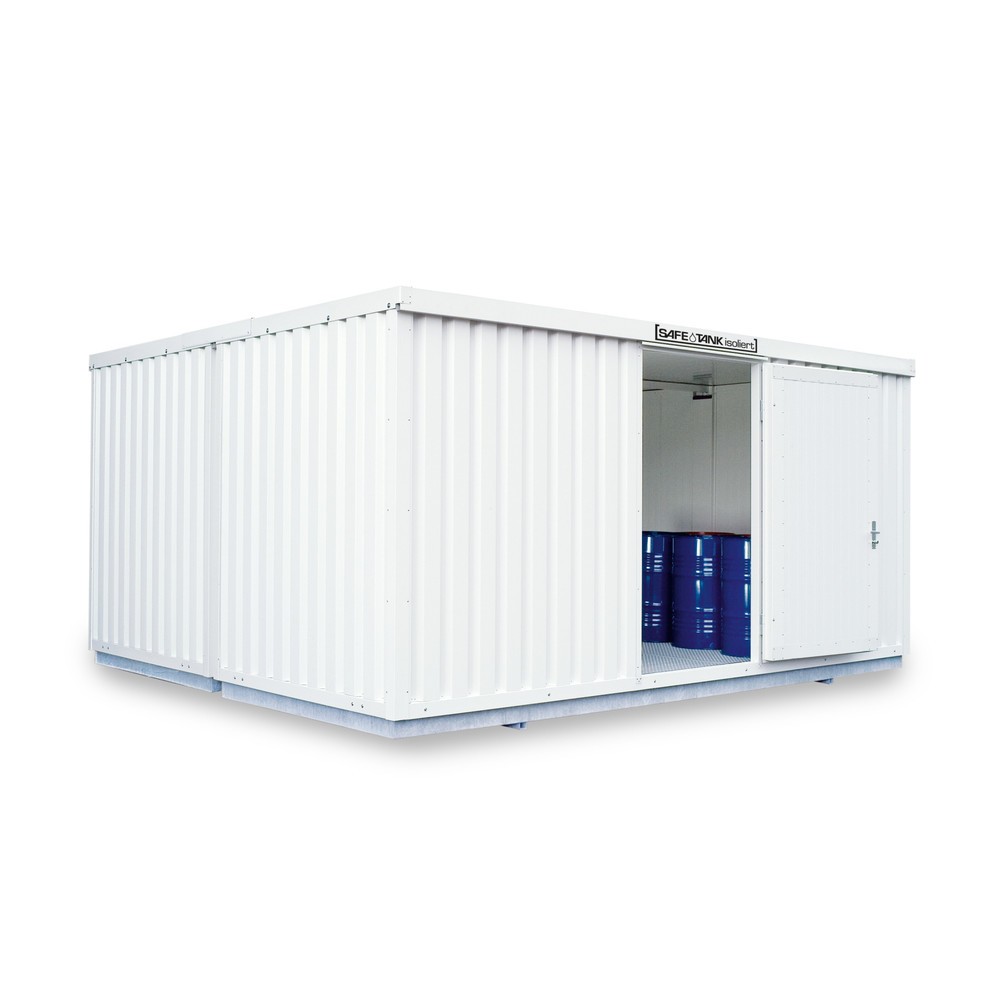 SAFE Tank Gefahrstoffcontainer Kombination 4000 WGK 1-3, isoliert, vormontiert, kunststoffbeschichtet RAL 9002, Masse aussen 5080x4340x2520 mm, Einzelflügeltür, mittig im Modul, Lagerfläche 20 m²