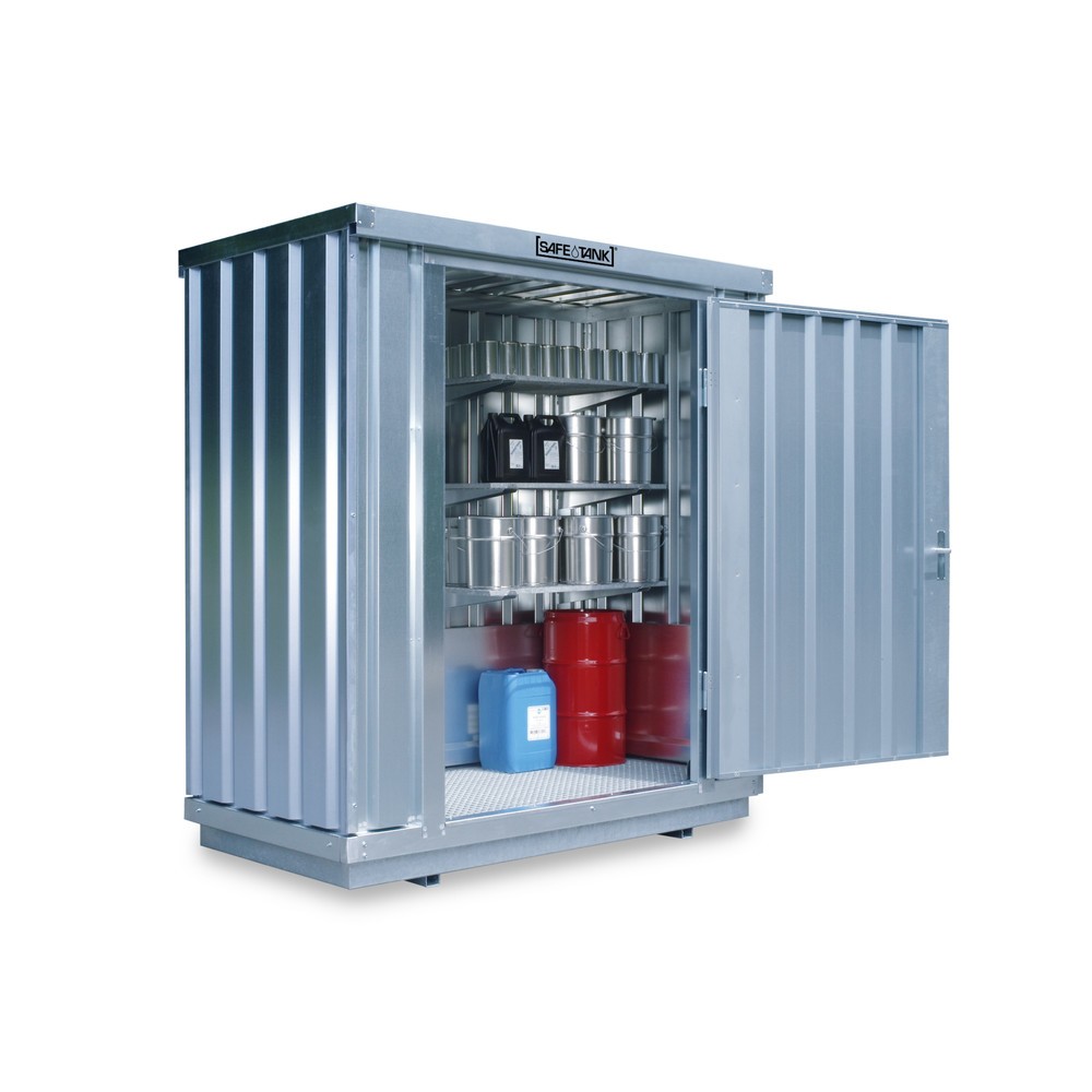 SAFE Tank Gefahrstoffcontainer 300 ALG, Aussenaufstellung, verzinkt, montiert, Masse aussen 2100x1440x2300 mm, Einzelflügeltür, mittig in 2 m Seite, Lagerfläche 2 m²