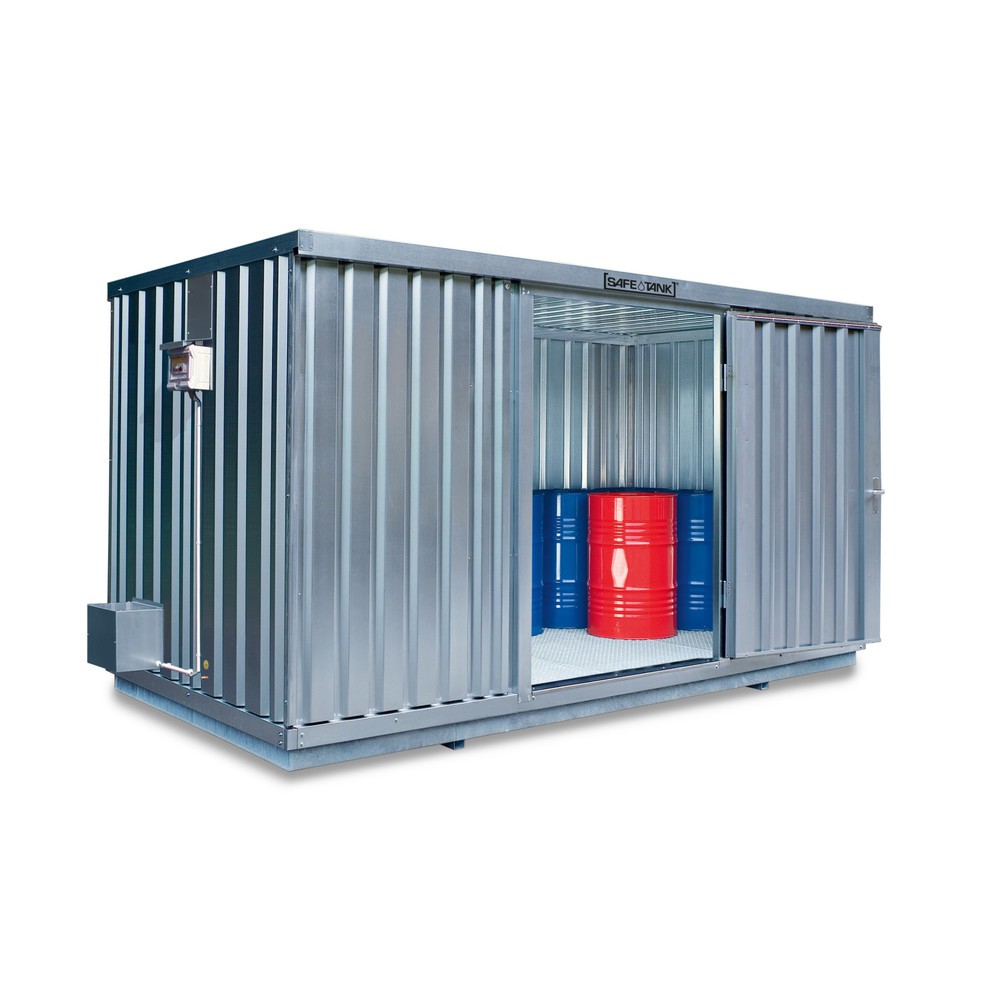 SAFE Tank Gefahrstoffcontainer 1350 ALG, Aussenaufstellung, verzinkt, montiert, Masse aussen 4350x2170x2300 mm, Einzelflügeltür, mittig in Stirnseite, Lagerfläche 8 m²
