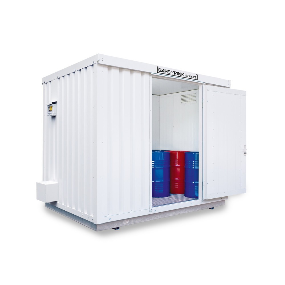 SAFE Tank Gefahrstoffcontainer 1000 ALG, isoliert Aussenaufstellung, komplett montiert, kunststoffbeschichtet RAL 9002, Masse aussen 3350x2170x2560 mm, Einzelflügeltür, mittig in Breitseite, Lagerfläche 5 m²