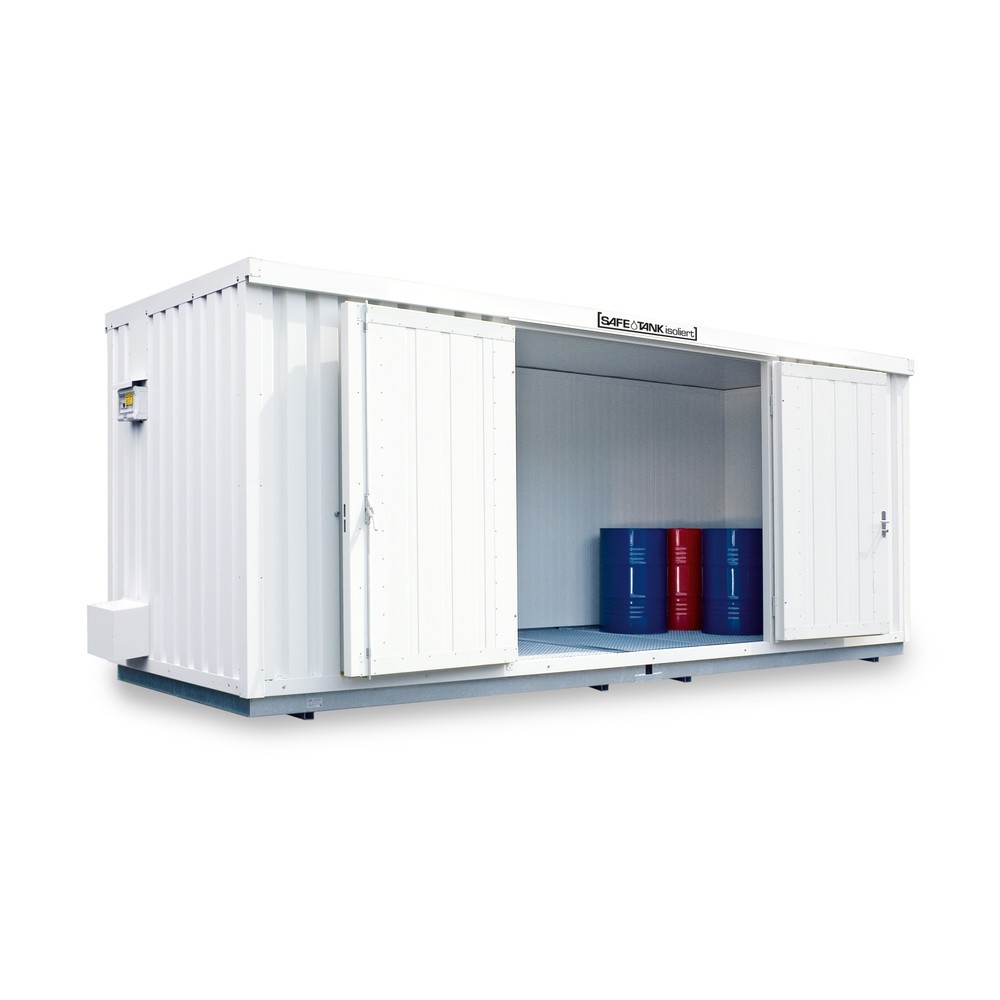 SAFE Tank Gefahrstoffcontainer 1350 ALG, isoliert, Aussenaufstellung, komplett montiert, kunststoffbeschichtet RAL 9002, Masse aussen 4350x2170x2510 mm, Doppelflügeltür, mittig in Breitseite, Lagerfläche 7 m²