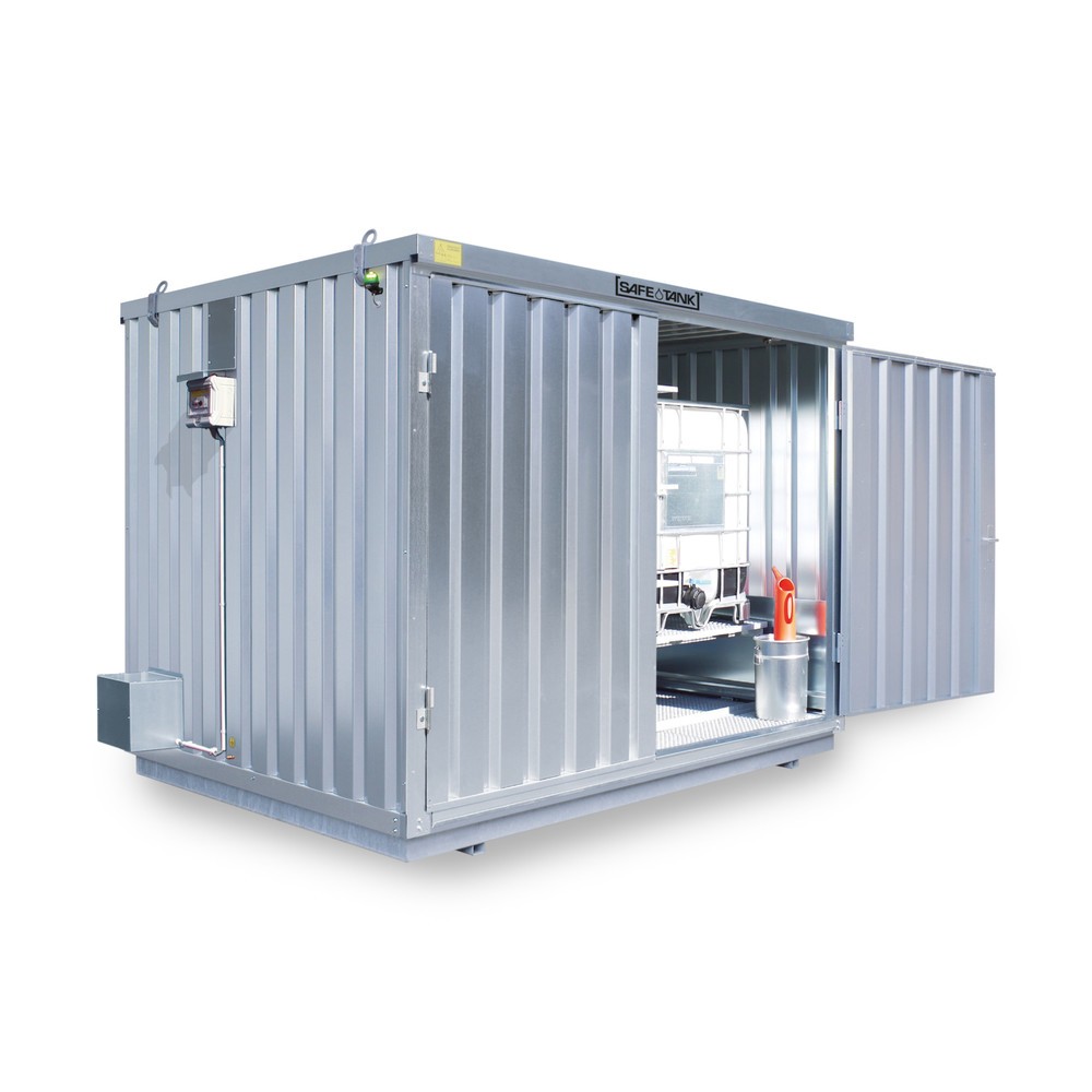 SAFE Tank Gefahrstoffcontainer 1000 KTC ECO, energieeffizient durch bedarfsgerechte Lüftersteuerung, Masse aussen 3350x2170x2310 mm, Doppelflügeltür, mittig in Breitseite, Lagerfläche 6 m²