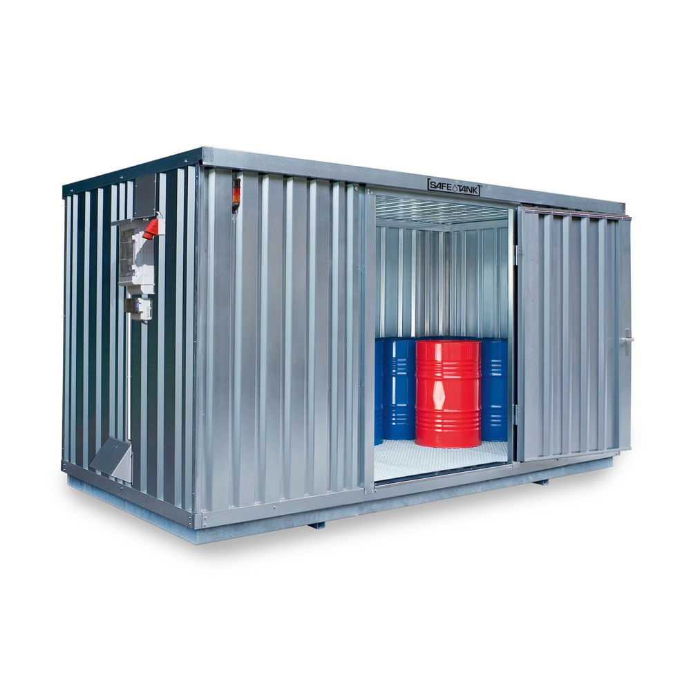 SAFE Tank Gefahrstoffcontainer 1350 CONTROL, automatisierte Explosionsschutzeinrichtung für höchste Energieeffizienz u. Sicherheit, Masse aussen 4350x2170x2300 mm, Doppelflügeltür (asymmetrische Teilung), mittig in der langen Seite, Lagerfläche 8 m²