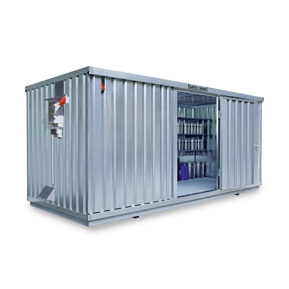 SAFE Tank Gefahrstoffcontainer 1700 CONTROL, automatisierte Explosionsschutzeinrichtung für höchste Energieeffizienz u. Sicherheit, Masse aussen 5380x2170x2300 mm, Einzelflügeltür, mittig in der kurzen Seite, Lagerfläche 10 m²