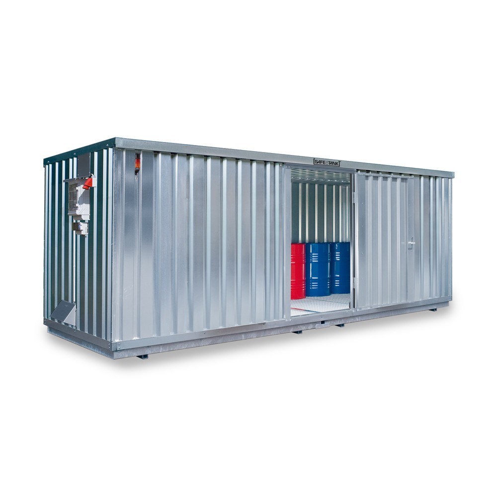 SAFE Tank Gefahrstoffcontainer 1900 CONTROL, automatisierte Explosionsschutzeinrichtung für höchste Energieeffizienz u. Sicherheit, Masse aussen 6380x2170x2310 mm, Doppelflügeltür, mittig in der langen Seite, Lagerfläche 12 m²