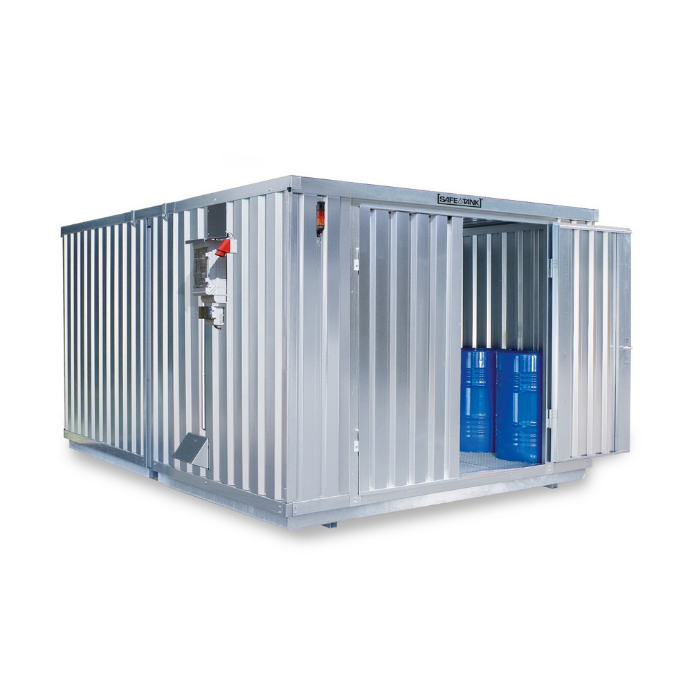 SAFE Tank Gefahrstoffcontainer 2000 CONTROL, automatisierte Explosionsschutzeinrichtung für höchste Energieeffizienz u. Sicherheit, Masse aussen 3350x4340x2310 mm, Doppelflügeltür (asymmetrische Teilung), mittig in der kurzen Seite, Lagerfläche 12 m²