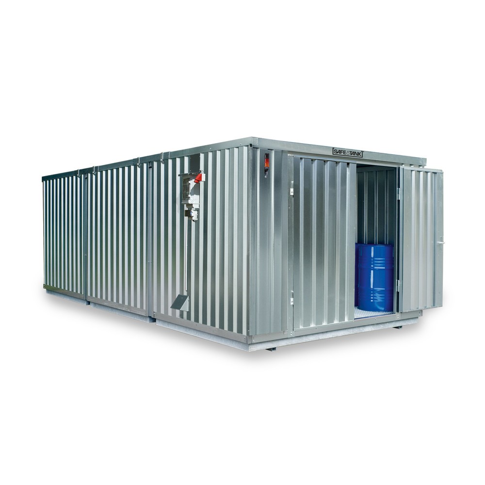 SAFE Tank Gefahrstoffcontainer 5000 CONTROL, automatisierte Explosionsschutzeinrichtung für höchste Energieeffizienz u. Sicherheit, Masse aussen 5380x6520x2300 mm, Doppelflügeltür, mittig in der kurzen Seite, Lagerfläche 32 m²