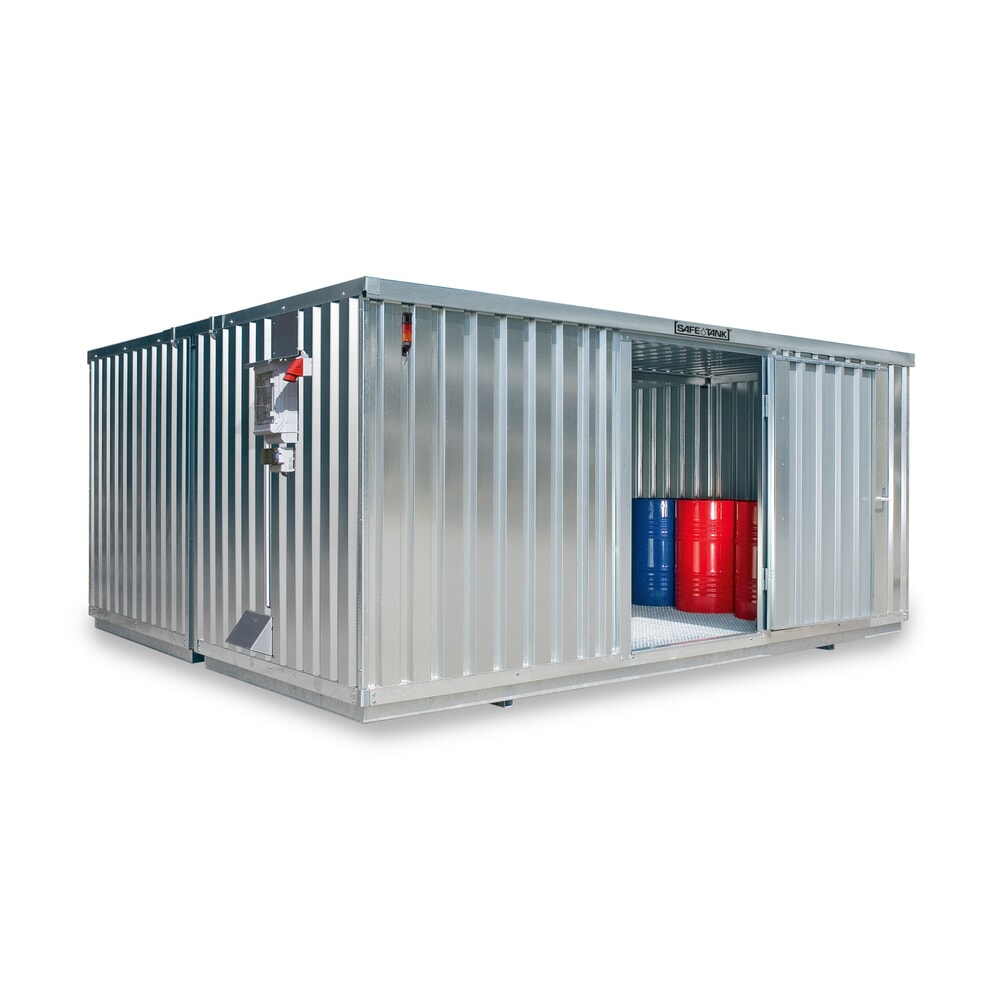 SAFE Tank Gefahrstoffcontainer 2000 CONTROL, automatisierte Explosionsschutzeinrichtung für höchste Energieeffizienz u. Sicherheit, Maße außen 3350x4340x2310 mm, Einzelflügeltür, mittig in der kurzen Seite, Lagerfläche 12 m²