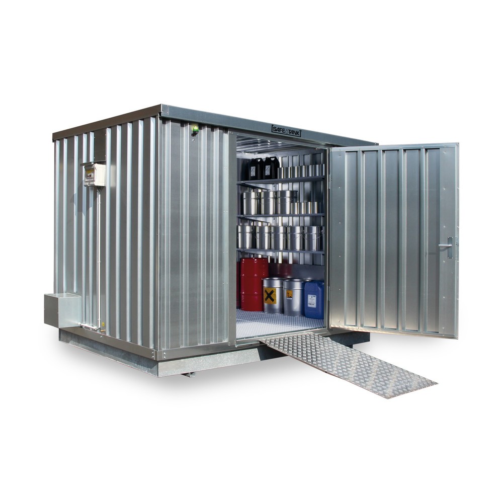 SAFE Tank Gefahrstoffcontainer 1000 ECO, energieeffizient durch bedarfsgerechte Lüftersteuerung, Masse aussen 3350x2170x2310 mm, Einzelflügeltür, mittig in der kurzen Seite, Lagerfläche 6 m²