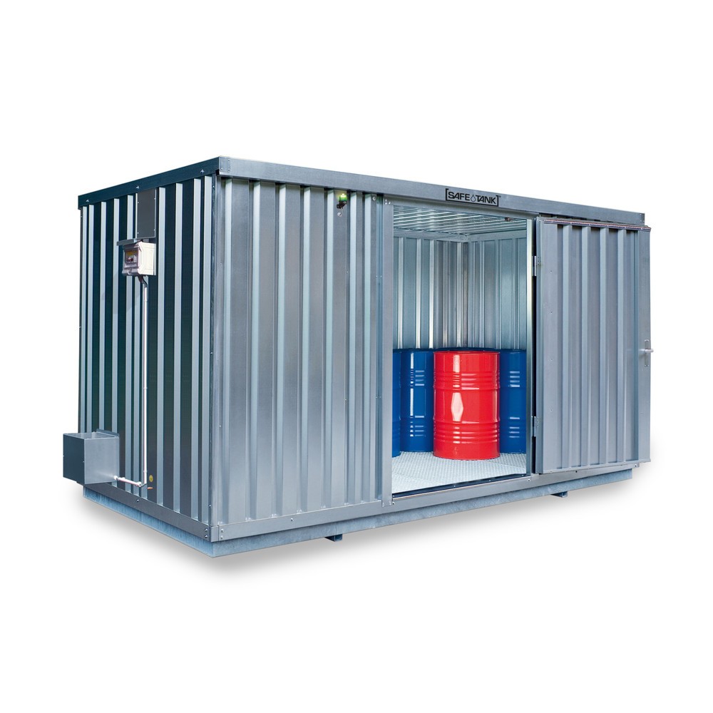 SAFE Tank Gefahrstoffcontainer 1350 ECO, energieeffizient durch bedarfsgerechte Lüftersteuerung, Masse aussen 4350x2170x2300 mm, Einzelflügeltür, mittig in der kurzen Seite, Lagerfläche 8 m²