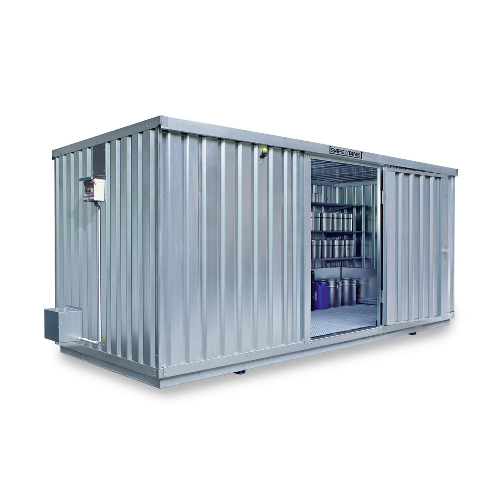 SAFE Tank Gefahrstoffcontainer 1700 ECO, energieeffizient durch bedarfsgerechte Lüftersteuerung, Masse aussen 5380x2170x2300 mm, Einzelflügeltür, mittig in der kurzen Seite, Lagerfläche 10 m²