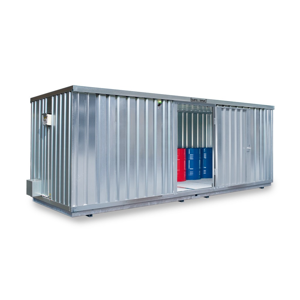 SAFE Tank Gefahrstoffcontainer 1000 ECO, energieeffizient durch bedarfsgerechte Lüftersteuerung, Masse aussen 3350x2170x2310 mm, Doppelflügeltür (asymmetrische Teilung), mittig in Breitseite, Lagerfläche 6 m²