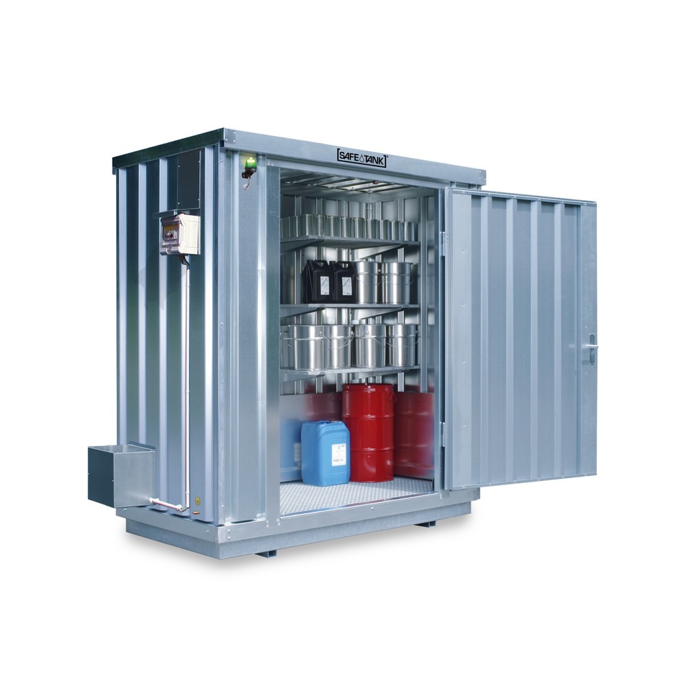 SAFE Tank Gefahrstoffcontainer 300 ECO, energieeffizient durch bedarfsgerechte Lüftersteuerung, Masse aussen 2400x1440x2300 mm, Einzelflügeltür, mittig in Breitseite, Lagerfläche 2 m²