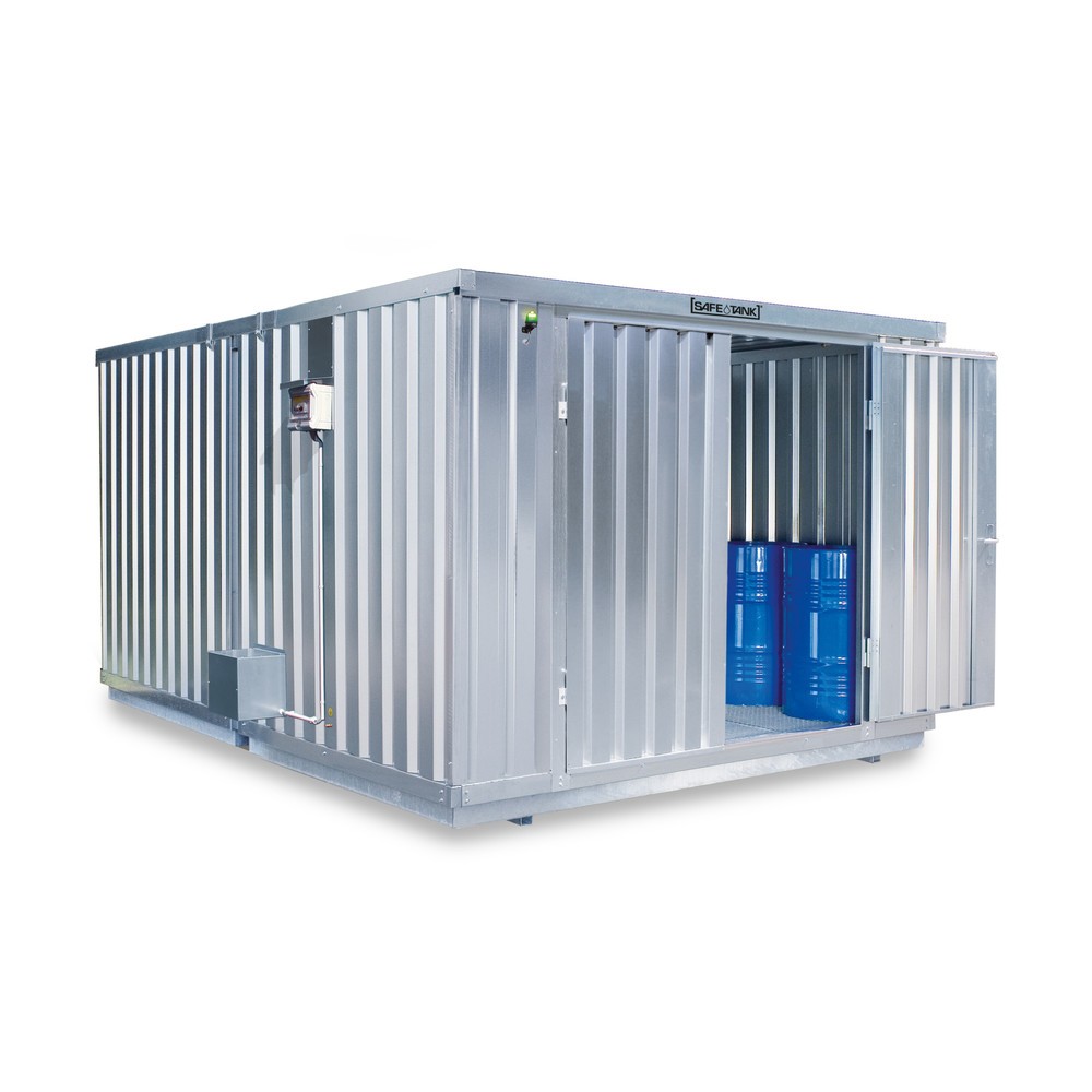 SAFE Tank Gefahrstoffcontainer Kombination 2000 ECO, energieeffizient durch bedarfsgerechte Lüftersteuerung, Masse aussen 3350x4340x2310 mm, Doppelflügeltür (asymmetrische Teilung), mittig im Modul, Lagerfläche 12 m²