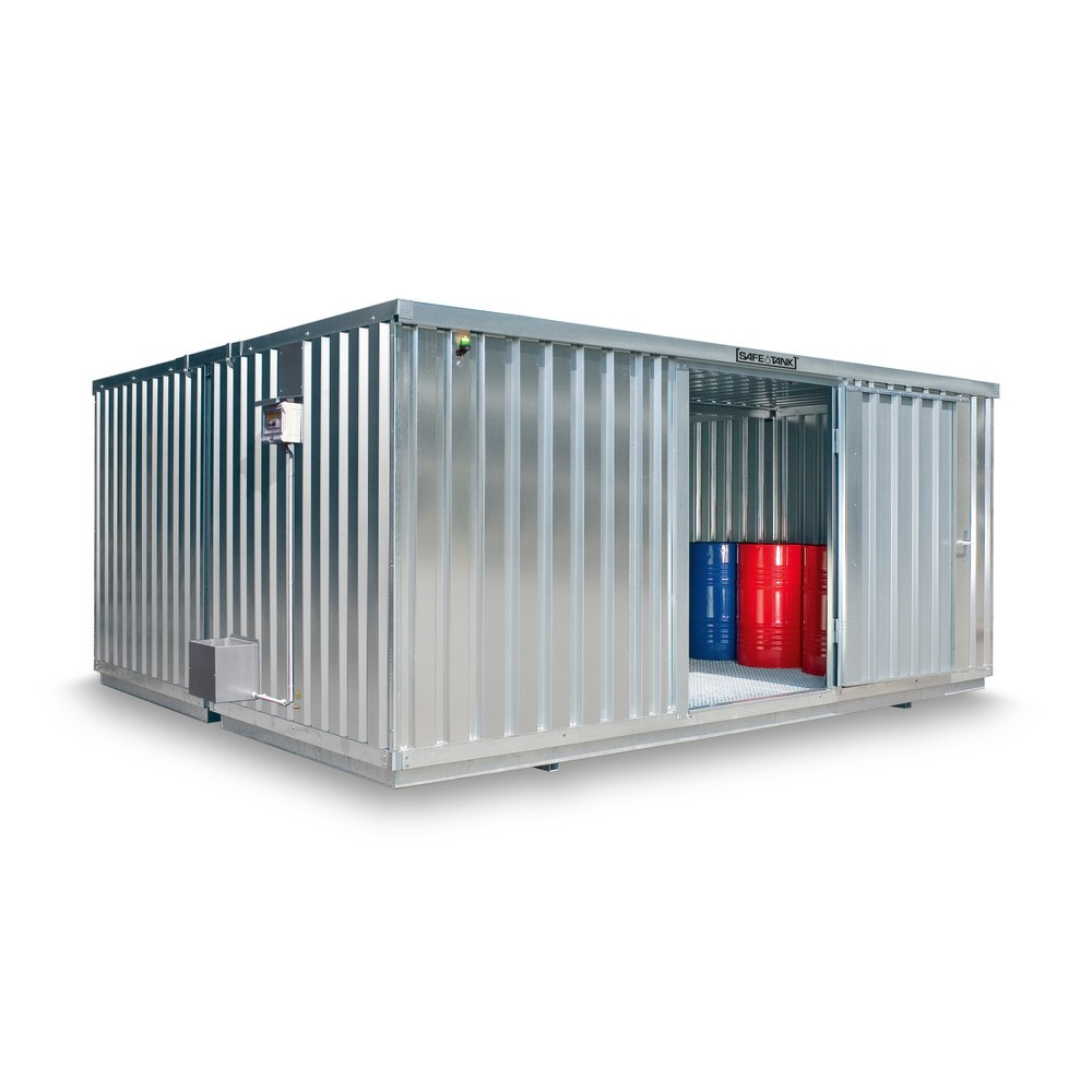SAFE Tank Gefahrstoffcontainer Kombination 4000 ECO, energieeffizient durch bedarfsgerechte Lüftersteuerung, Masse aussen 5380x4340x2300 mm, Einzelflügeltür, mittig in der langen Seite, Lagerfläche 12 m²