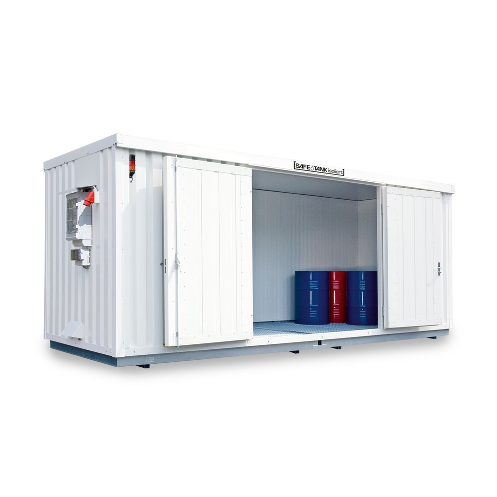 SAFE Tank Gefahrstoffcontainer 1700 CONTROL isoliert, automatisierte Explosionsschutzeinrichtung für höchste Energieeffizienz u. Sicherheit, Masse aussen 5380x2170x2520 mm, Einzelflügeltür, mittig in 2 m Seite, Lagerfläche 9 m²