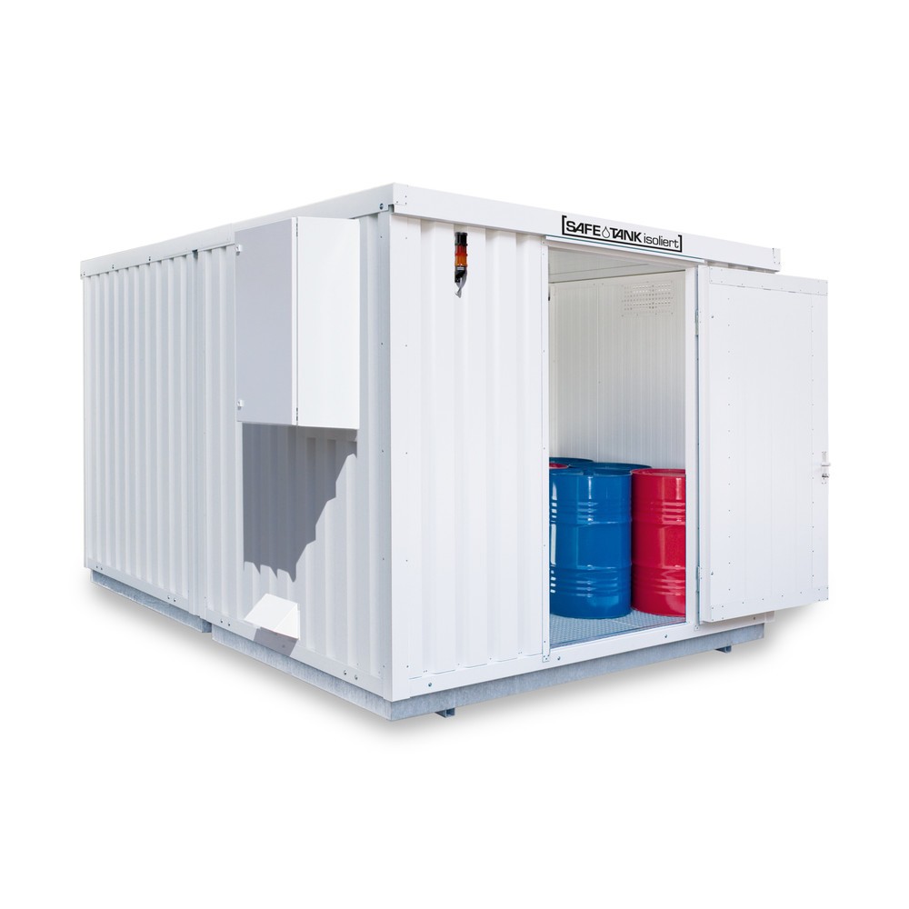 SAFE Tank Gefahrstoffcontainer 2000 CONTROL isoliert, automatisierte Explosionsschutzeinrichtung für höchste Energieeffizienz u. Sicherheit, Masse aussen 3350x4340x2560 mm, Einzelflügeltür, mittig in 3 m Seite, Lagerfläche 12 m²